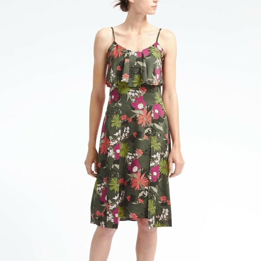 Banana Republic Tier Strappy Floral Green Dress